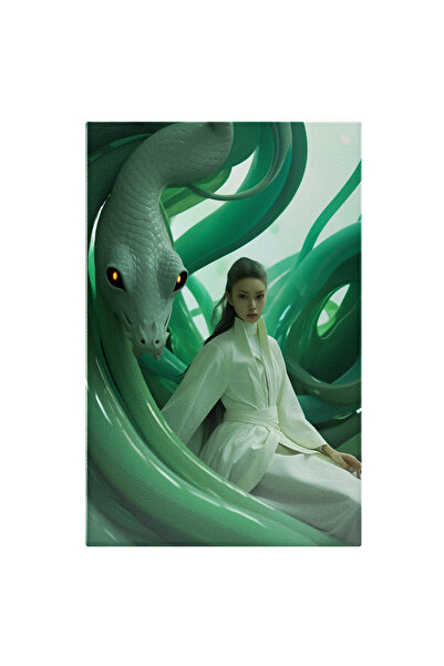 StoryGift Romania Tablou Canvas: O Fata Asiatica Si Un Sarpe Urias - Vestimentatie Alba Pictura Digitala