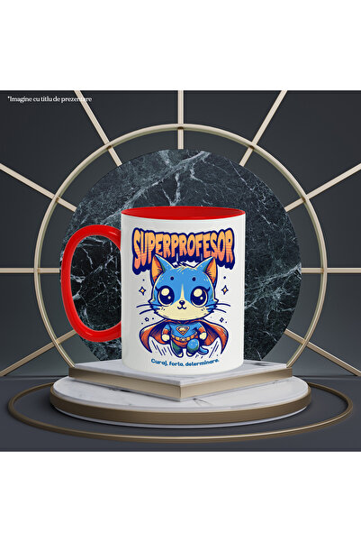 StoryGift Romania Super Teacher Mug, Superhero, Flying Cat, 330ml, Ceramic with Red Handle, With Handle, STG.