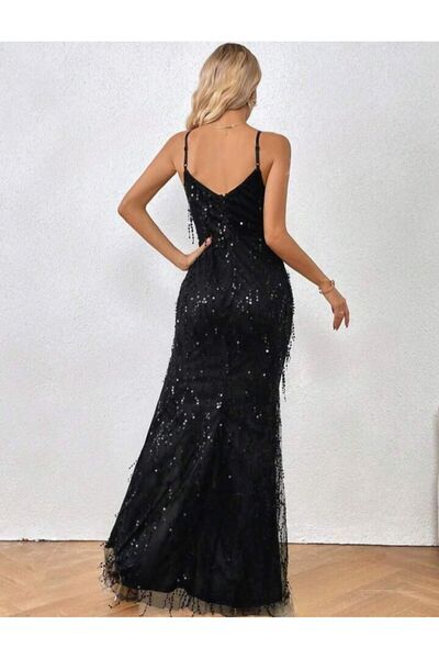 MODAS ASKILI V YAKA SAÇAKLI PUL PAYET ABİYE ELBİSE