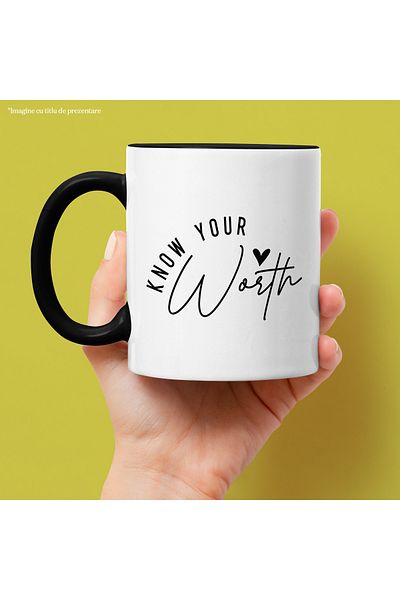 StoryGift Romania Mug with heart and the text "Know your worth" with Black Handle, With Black Handle STG,STG