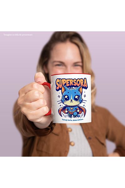 StoryGift Romania Super Sister Mug, Superhero, Flying Cat, 330ml, Ceramic with Red Handle, With Ro Handle, STG.