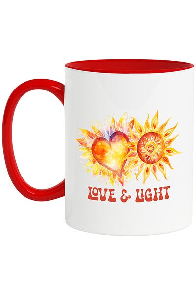 StoryGift Romania Mug with the message "Love & light", illustration, love and light, heart, sun, rays, With