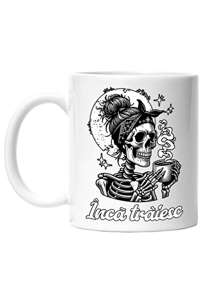 StoryGift Romania Cana Femeie Schelete Text Cafea. Încã Traiesc, 330ml, Ceramic Cu Maner Alb, Cu Maner ,stg