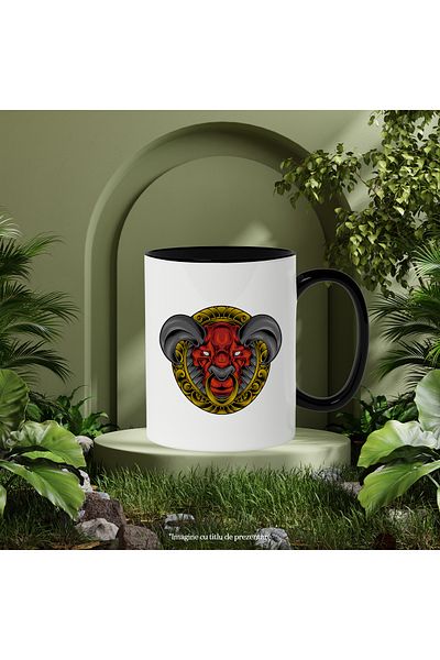 StoryGift Romania Mug With Bull Head, Demon, Ring, Horns, Shield, Frame, Multicolor 330 ml, Ceramic, With
