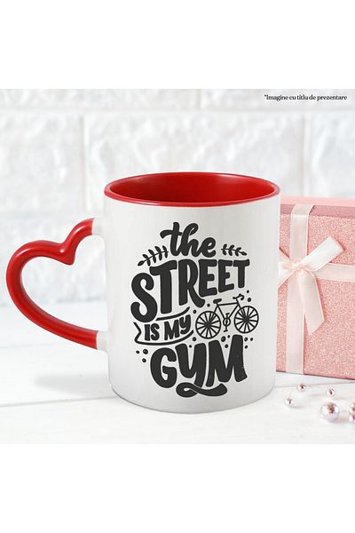 StoryGift Romania Mug with illustration showing a bicycle and the message "The street is my gym" - street, Cu,STG