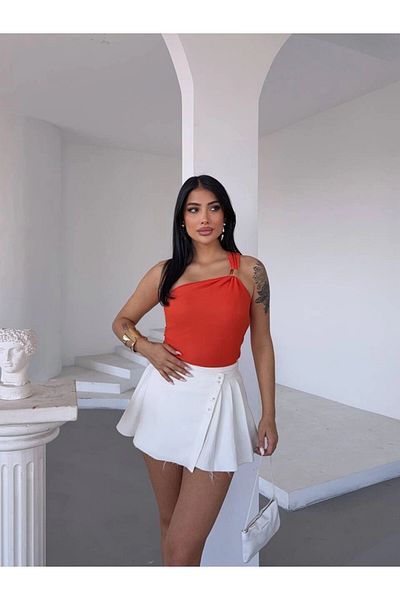 hazelin Women's Orange One Shoulder Gold Metal Detailed Blouse Hzl25S-Fry123111