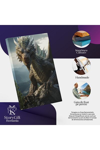 StoryGift Romania Tablou Canvas: Dragon Cu Aripi Verzi Pe Roci- Mitologie Și Creaturi Pictura Digitala