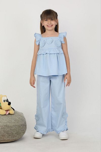 Minigimin Cicileri Set pentru fetiță, bluză cu broderie florală și pantaloni cu volane, pentru fetiță - albastru