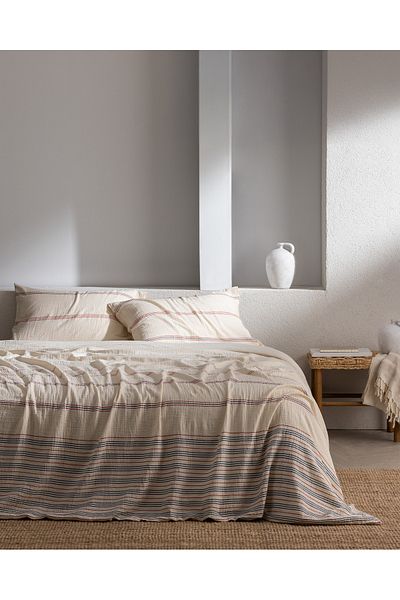 Madame Coco Breville Single Muslin Yarn Dyed Elastic Duvet Cover Set - Ecru/Navy Blue