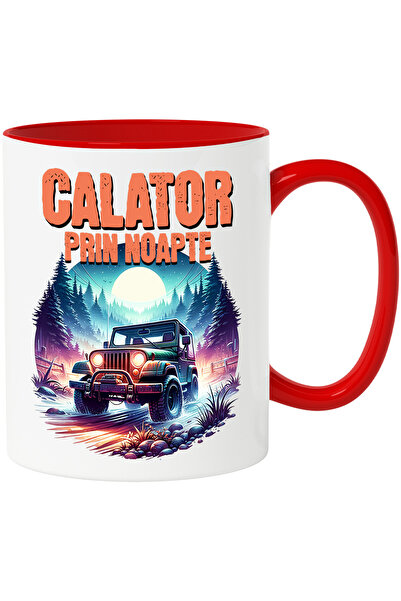 StoryGift Romania Cana Calator Prin Noapte Masina Off-road Aventura , 330ml, Ceramic Cu Maner Rosu, Cu ,stg