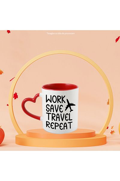 StoryGift Romania Mug with an airplane and the text in English "Work, save, travel, repeat" - work, ec, Cu, STG