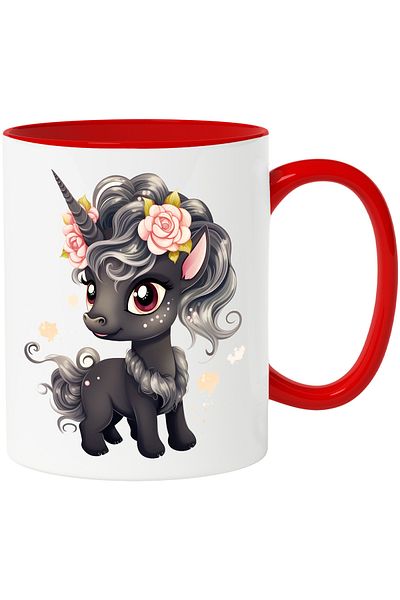 StoryGift Romania Mug with a black unicorn | illustration | cheerful | color spots | flowers | happy, With
