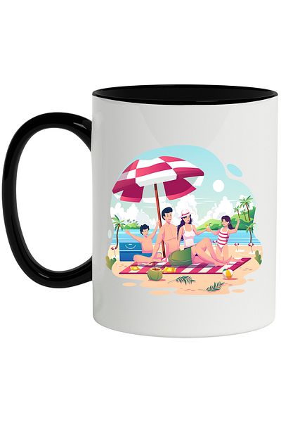 StoryGift Romania Mug With Vacation, Family, Beach, Large, Umbrella, Towel, Multicolor 330 ml, Ceram, With