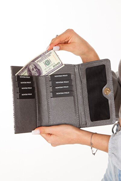 Newish Polo Women's Leather Monogram Patterned Card Holder and Wallet - Gray