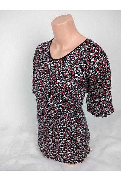 YAŞAR TRİKO Women's Black Red Gray U Neck Short Sleeve Patterned Slit Woven Viscose Mother Combed Cotton T-Shirt