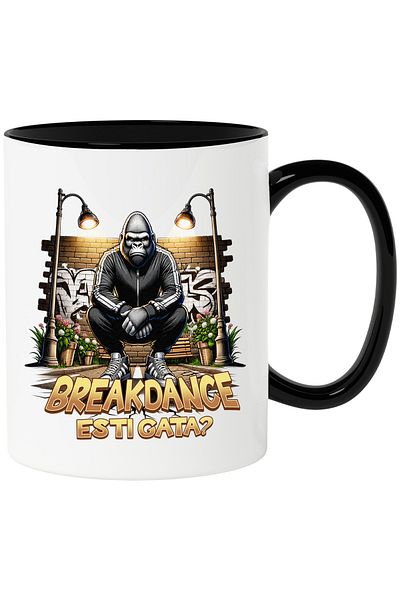 StoryGift Romania Cana Gorila breakdance dans de strada sport, 330ml, Ceramica cu Maner Negru, Cu Maner