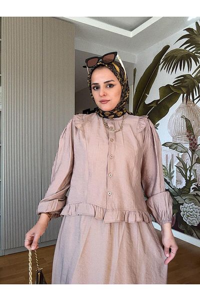 Aselim Hijap Moda Cotton Ruffle Detail Summer Skirt Suit – Brown
