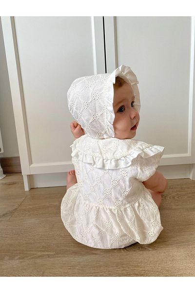 Minizade Baby Girl Hat Guipure Embroidered Snap Romper Badi Set of Two