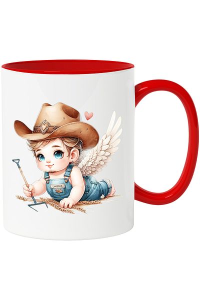 StoryGift Romania Mug with a baby with wings holding a fork | illustration | wheat | hat, With