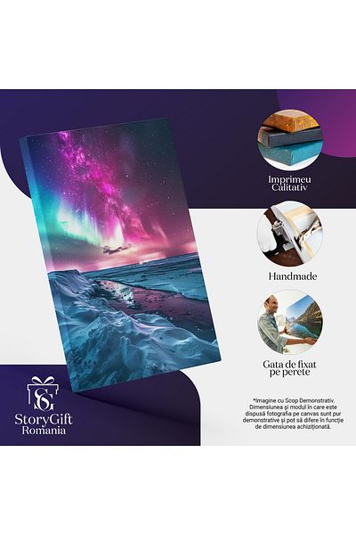 StoryGift Romania Tablou Canvas: Malul Mării Și Cer Surprins În Culori Aprinse Roz Și Turcoaz Cu Stele- Peisaje