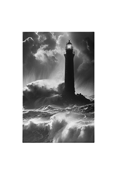 StoryGift Romania Tablou Canvas: Farul Pe Stâncile Din Valuri Pe Timp De Furtună Maritimă Fulgere Și Mare Învolbu