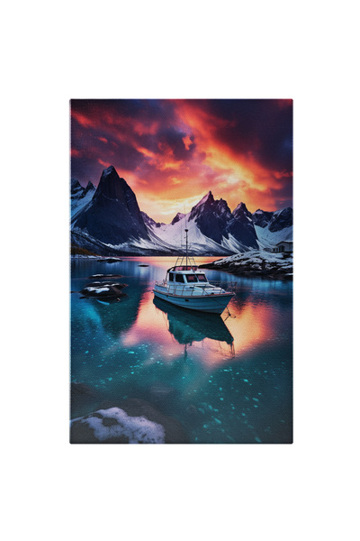 StoryGift Romania Tablou Canvas: Cerul Care Arde, Salupa Alba Pe Mare Cu Munt...