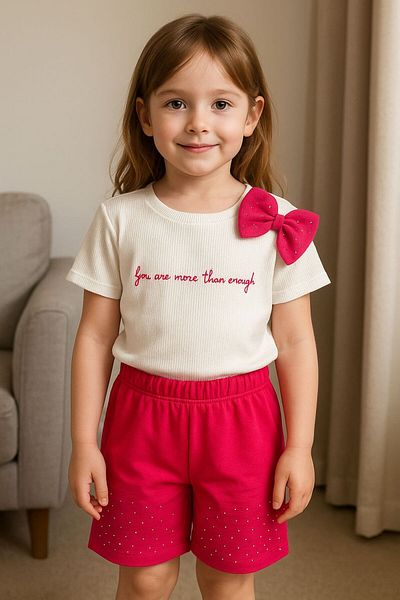 MİNYON BABY 100% Cotton Ribbon Detail Girl's Bottom Top Shorts Suit