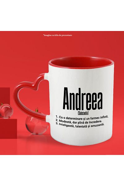 StoryGift Romania Mug With Name Andreea, And Motivational Message, Determination, Modest, Intelligence, With, left
