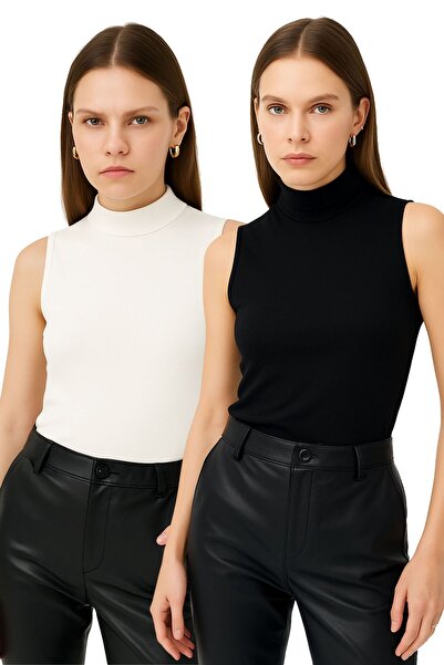 modavingo Kadın Siyah Ekru 2'li Kolsuz Yarım Balıkçı Body