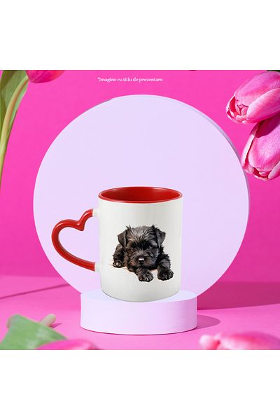 StoryGift Romania Mug with a black puppy | furry | illustration | sleepy | almost asleep | ob, Cu ,STG .