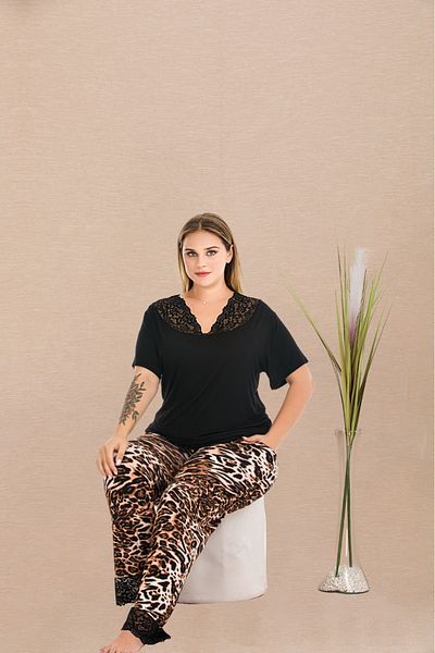 Lady Lingerie Set de pijamale supradimensionate pentru femei, cu mâneci scurte, decolteu în V, imprimeu leopard
