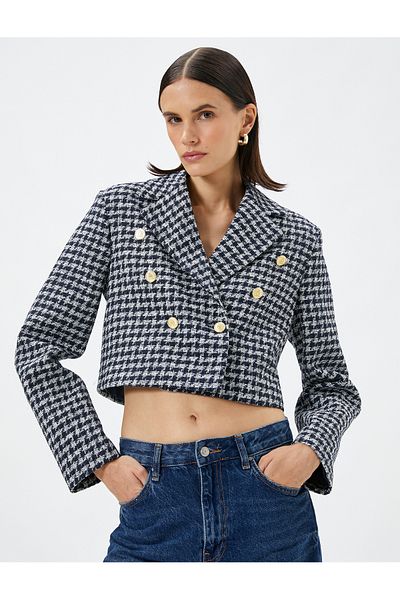 Koton Blazer Jachetă Tweed Crop Dublu Breasted Button Auriu Detaliat Căptușit