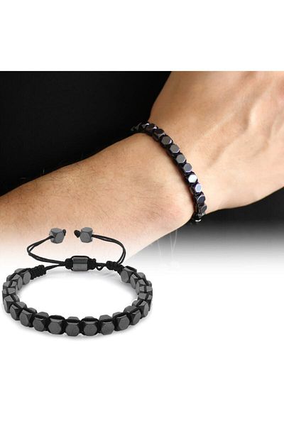 Tesbihane Macrame Braided Hexagonal Prism Design Hematite Natural Stone Men's Bracelet