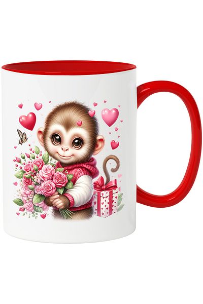 StoryGift Romania Mug with a cheerful monkey | illustration | holding a bouquet of roses | gift |, With ,STG