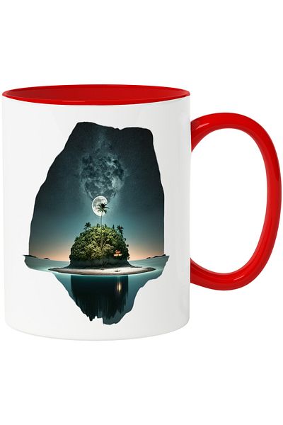 StoryGift Romania Mug With Island Under the Moon, Palm Trees, Sand, Ceramic, 330ml, with Red Handle, With Red Handle