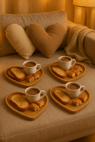 wellhome Hearted Wooden Bamboo Presentation Set of 4 - Romantic Hearted Bamboo Presentation Set / Stylish and Natural 4 Pieces