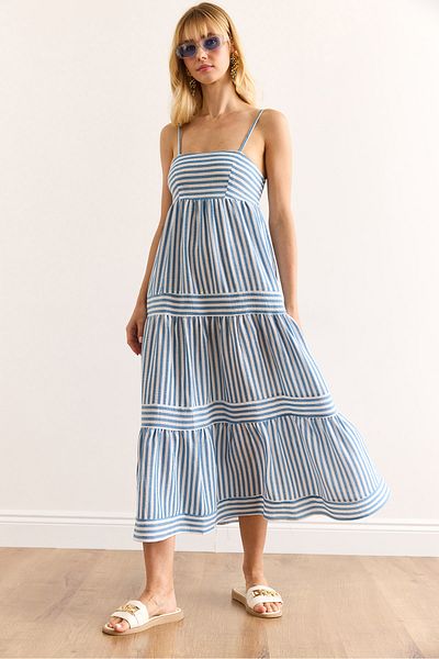Olalook Women's Blue White Strap Adjustable Pocket Striped Maxi Dress Elb-19002412