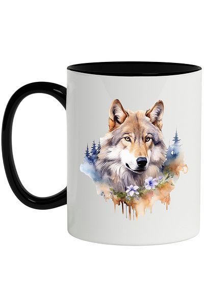 StoryGift Romania Wolf Head Mug, Forest, Flowers, Watercolor, Leaves, Multicolor 330 ml, Ceramics, With