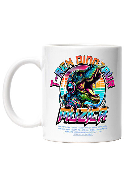 StoryGift Romania Cana T-rex Dinozaur - Muzica Si Casti Jurassic, 330ml, Ceramic Cu Maner Alb, Cu Maner,stg