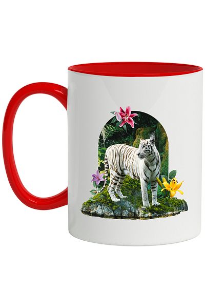 StoryGift Romania Mug With White Tiger, Flora, Rocks, Moss, Forest, Nature, Multicolor 330 ml, Sky, With