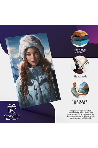 StoryGift Romania Tablou Canvas: Magia Iernii Femeie In Costum Ski Cu Caciula De Blana Si Par Ondulat Pictura Di