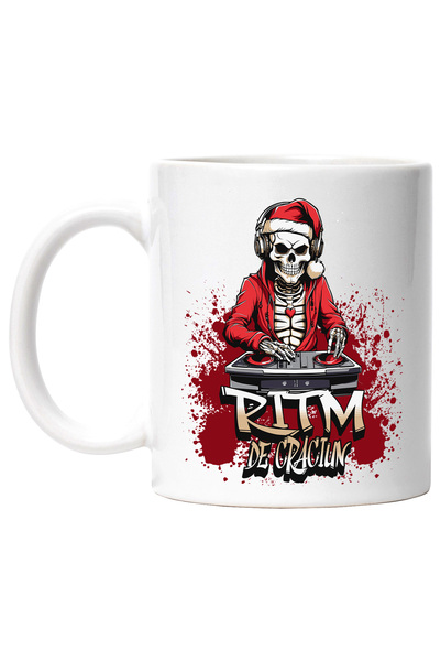 StoryGift Romania Cana Ritm De Craciun Schelete Mos De Craciun Dj, 330ml, Ceramic Cu Maner Alb, Cu Mane,stg