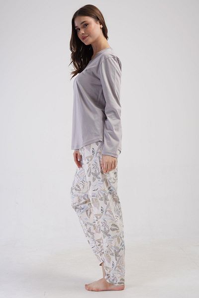 VİENETTA Women's Large Size Long Sleeve Gray Pajamas Set C6T1N0O014