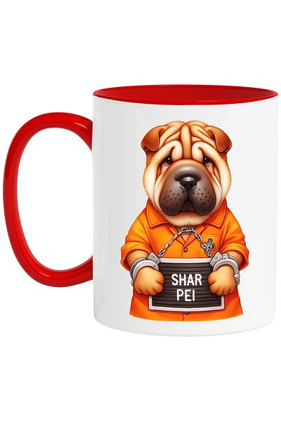 StoryGift Romania Mug with a Shar Pei puppy, illustration, sad, in prison, prisoner, uniform, , With