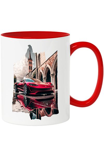 StoryGift Romania Red Car Mug, New, Speed, Racing, Ferrari, Ceramic, 330ml, with Red Handle, With