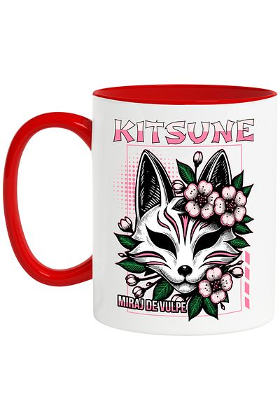 StoryGift Romania Traditional Japanese Kitsune Mask Mug Fox Mirage, 330ml, Ceramic with Handle, With