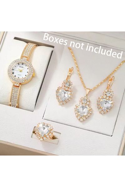 Choice Gold 5pcs Dainty Quartz Watch With Jewelry Set Fashion Round Women Watch Rhinestone Necklace Earring
