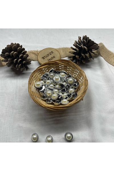 Bukle İplik Large Pearl Detailed Twist Pattern Silver Color Plastic Button with Bottom Stitching 34" Button (12 Pcs)