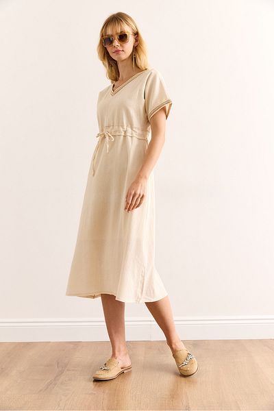 Olalook Women's Ecru Waist Lace up Lined Guipure Detailed Midi Linen Dress Elb-19002419