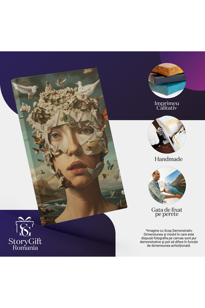 StoryGift Romania Tablou Canvas Chipul Unei Femei Cu Ochii Senini Si Capul Impietrit Pe Care Se Aseaza Pasarile